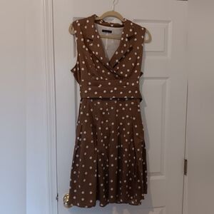 Tommy Hilfiger Taupe and White Polka Dot Midi Dress